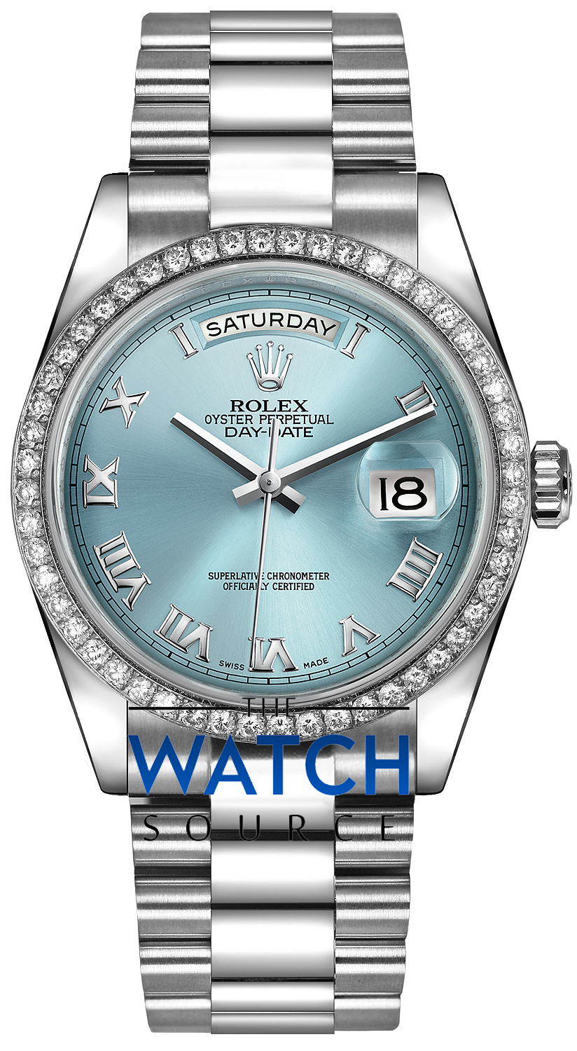 Rolex Day Date 36mm Platinum Diamond Bezel 118346 Ice Blue Roman President